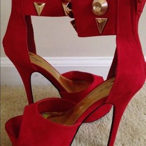 Cherry 🍒 Red & Gold Studded Ankle Heels